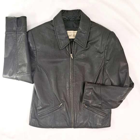 Lord and Taylor Womens Leather Jacket Black Moto Vintage Full Zip Pockets  10 - Picture 5 of 16